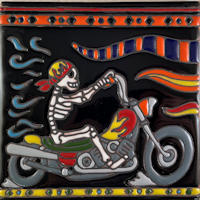 Motorcycle Riding. Day-Of-The-Dead Clay Tile