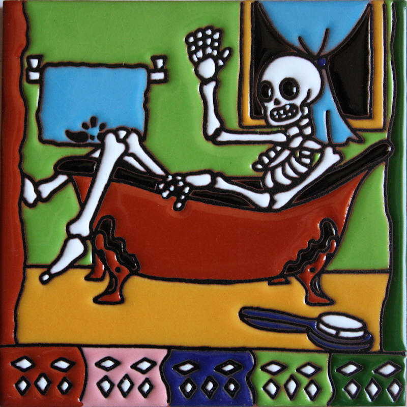 Taking A Bath. Day-Of-The-Dead Clay Tile
