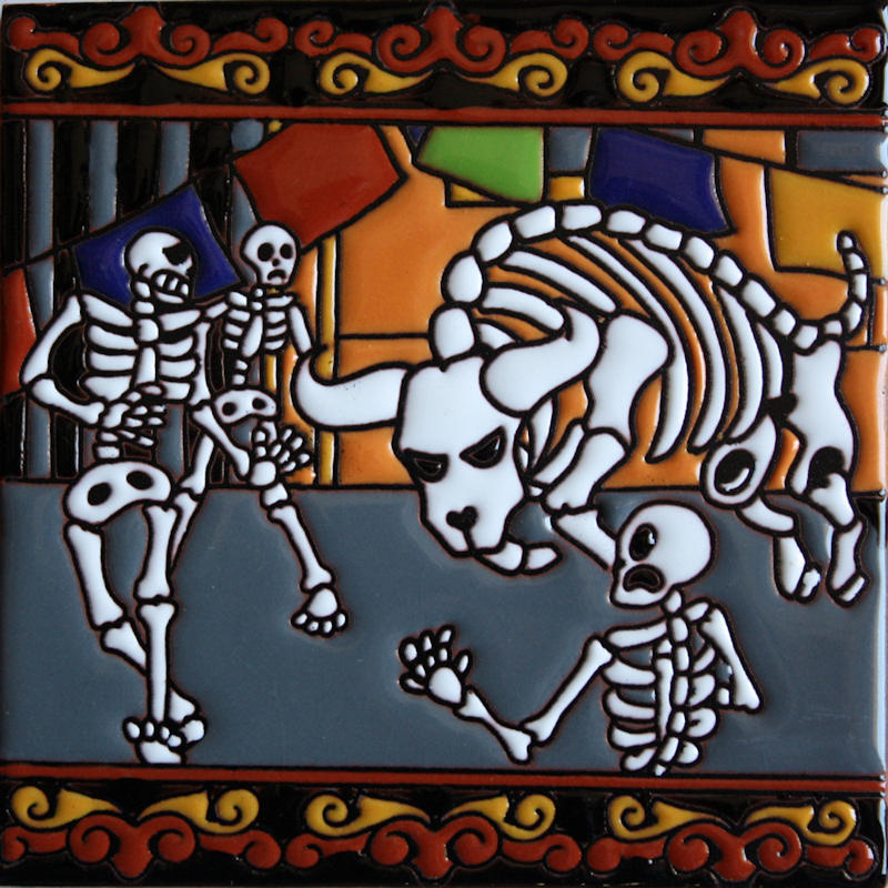 Running of the Bulls. Day-Of-The-Dead Clay Tile
