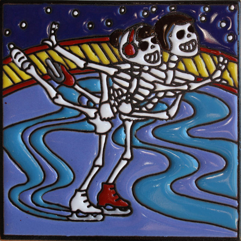 Ice Skating. Day-Of-The-Dead Clay Tile