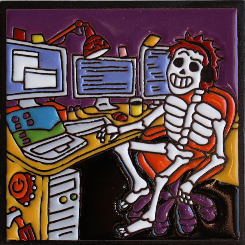 Computer Geek. Day-Of-The-Dead Clay Tile