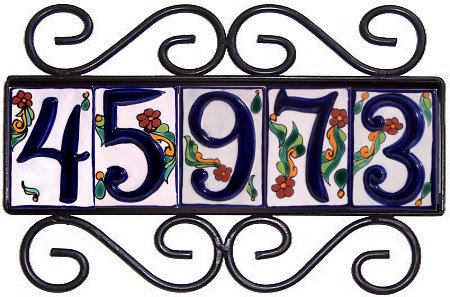 Wrought Iron House Number Frame Colonial 5-Tiles Close-Up