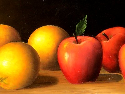 Oranges And Apples. Mexican Oil Painting Close-Up