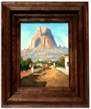 Street/Bernal Rock, Qro. Mexican Oil Painting