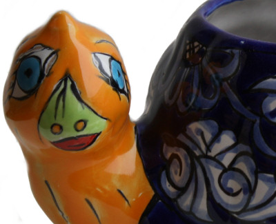 TalaMex Hand-Painted Mexican Blue Turtle Talavera Ceramic Planter Close-Up