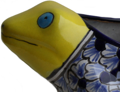 TalaMex Hand-Painted Mexican Blue Frog Talavera Ceramic Planter Close-Up