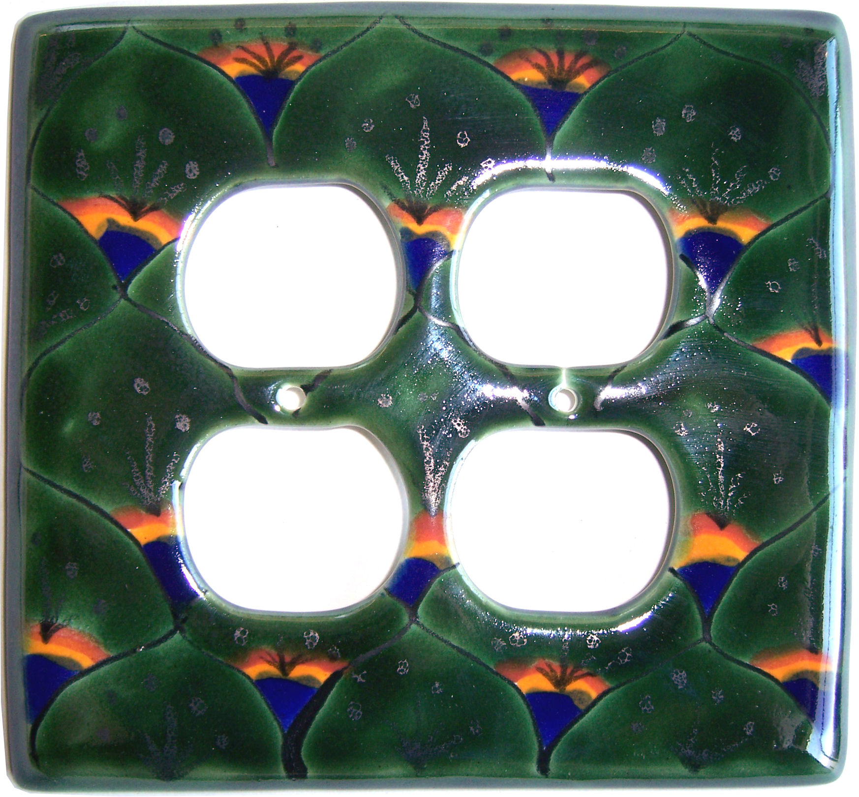TalaMex Green Peacock Double Outlet Mexican Talavera Ceramic Switch Plate