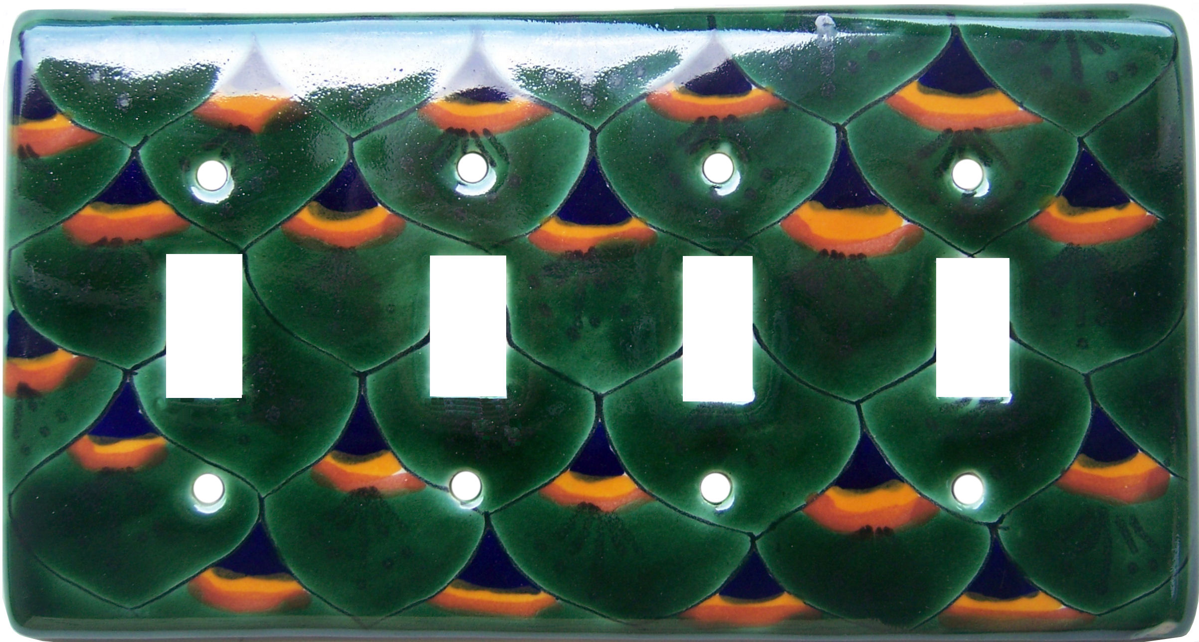TalaMex Green Peacock Quadruple Toggle Mexican Talavera Ceramic Switch Plate