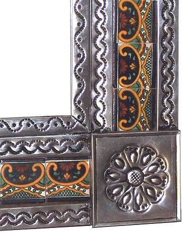 TalaMex Small Silver Greca C Mexican Tile Mirror Close-Up
