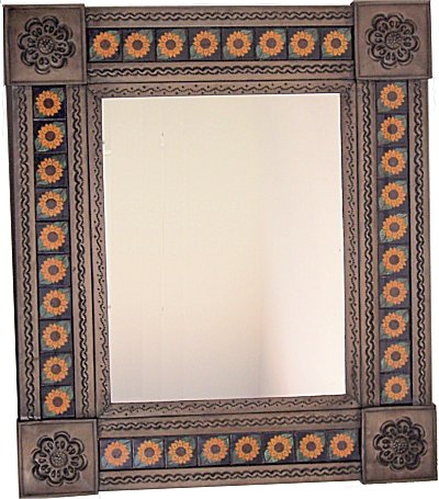 Small Brown Sunflower Tile Talavera Tin Mirror