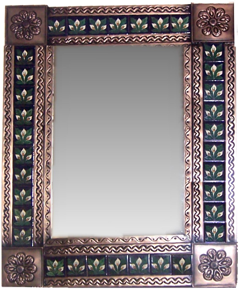 TalaMex Medium Brown Three-lily Tile Talavera Tin Mirror
