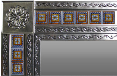 TalaMex Big Silver Orizaba Tile Talavera Tin Mirror Close-Up