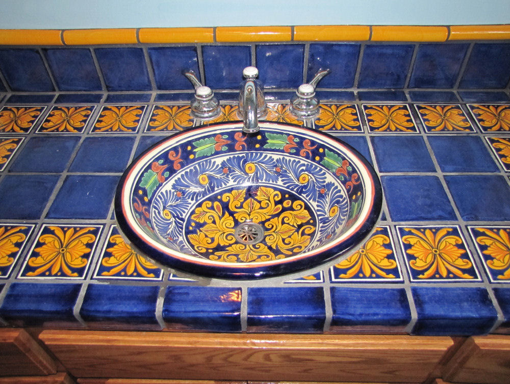 blue round ceramic talavera vessel bathroom sink sinks