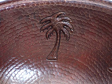 Hammered Oval Palm Trees Bathroom Copper Sink Close-Up