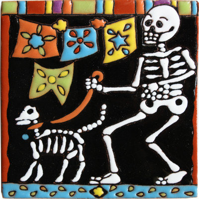 Walking The Dog. Day-Of-The-Dead Clay Tile