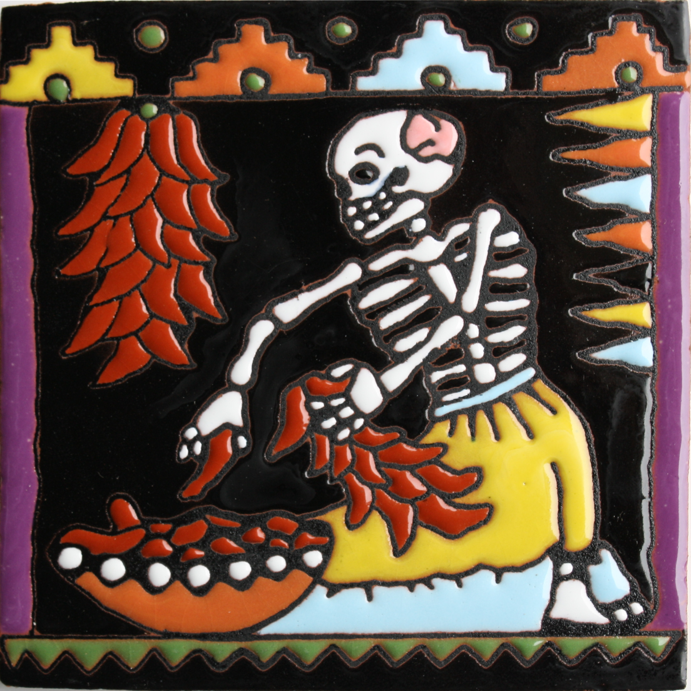 The Chile Trensas. Day-Of-The-Dead Clay Tile