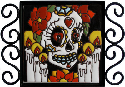 La Catrina Fortune Teller. Day-Of-The-Dead Clay Tile Close-Up