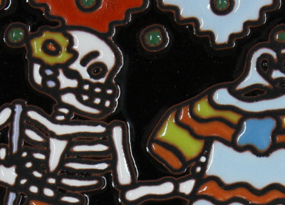 Shopping. Day-Of-The-Dead Clay Tile Close-Up