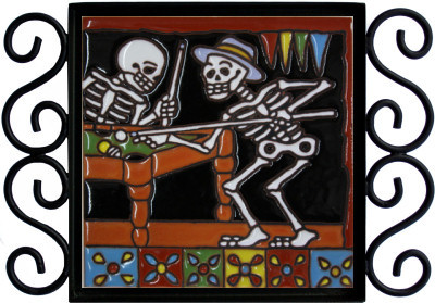 Playing Billiard. Day-Of-The-Dead Clay Tile Close-Up