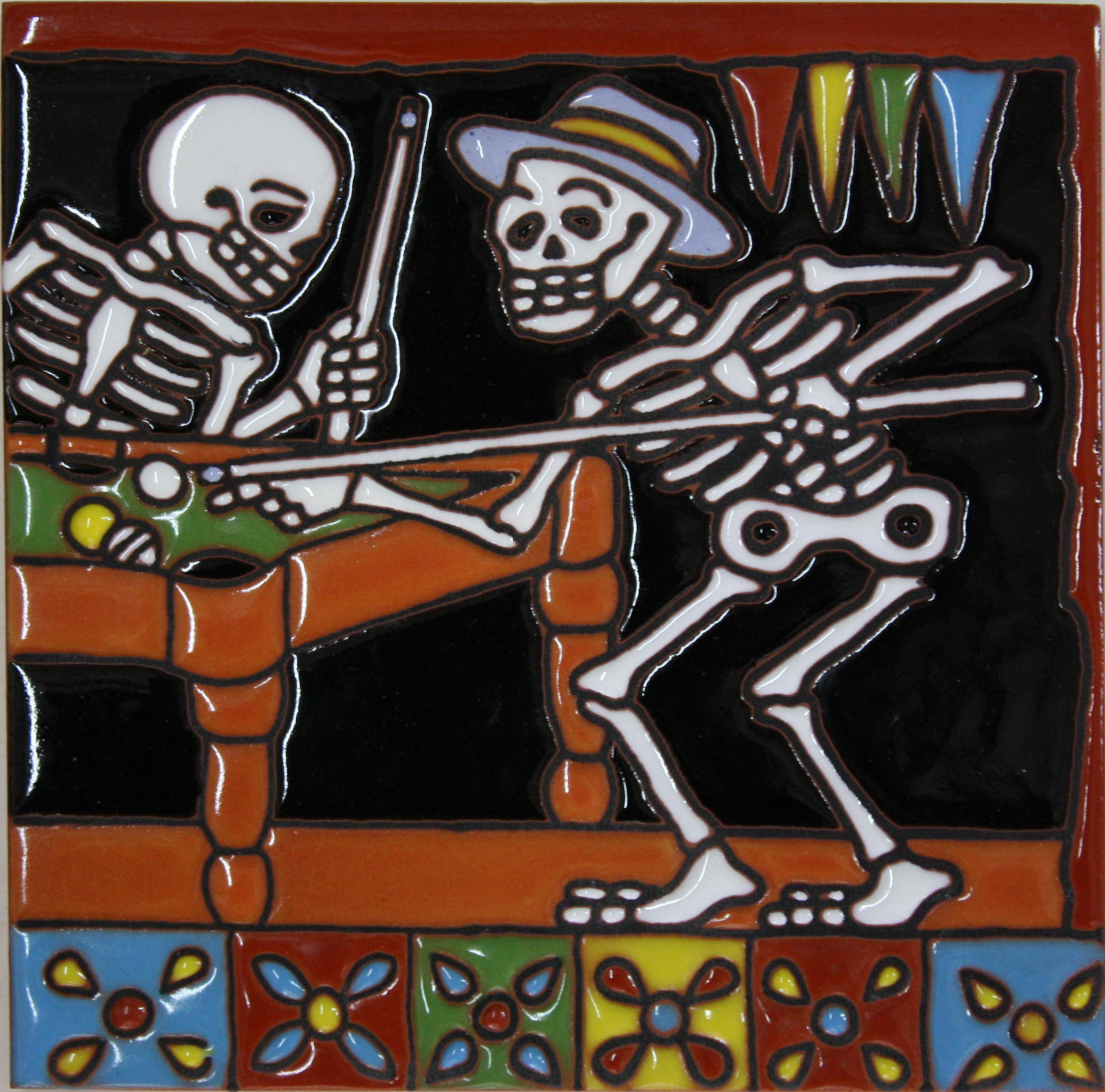Playing Billiard. Day-Of-The-Dead Clay Tile