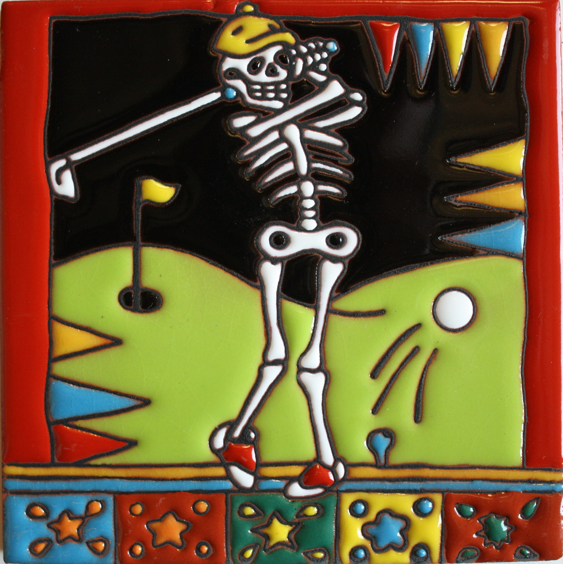Golfing. Day-Of-The-Dead Clay Tile