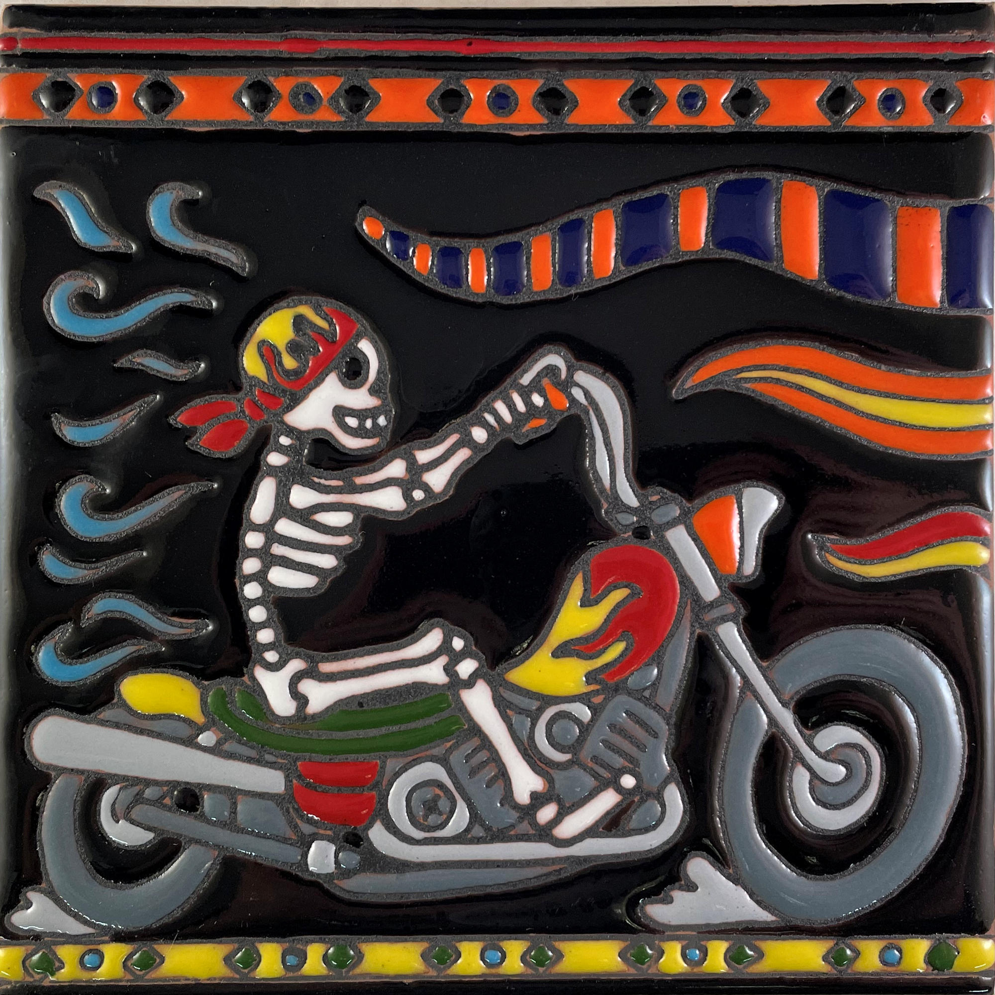 TalaMex Motorcycle Riding. Day-Of-The-Dead Clay Tile