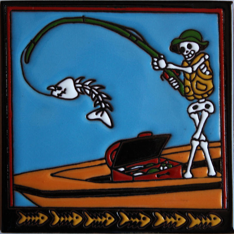 Gone Fishing. Day-Of-The-Dead Clay Tile