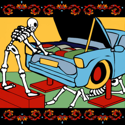 Mechanic. Day-Of-The-Dead Clay Tile