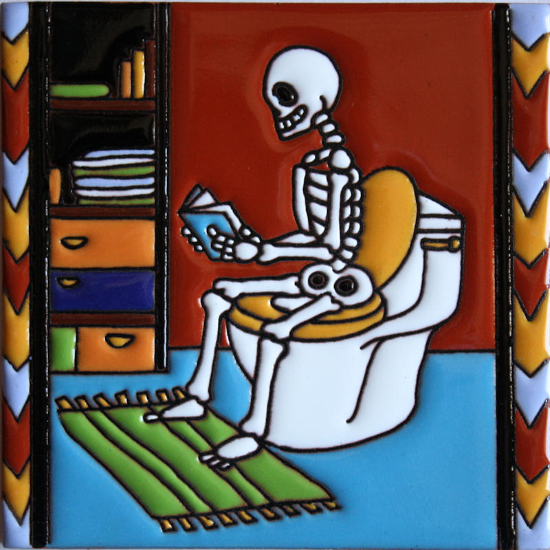Reading The News. Day-Of-The-Dead Clay Tile