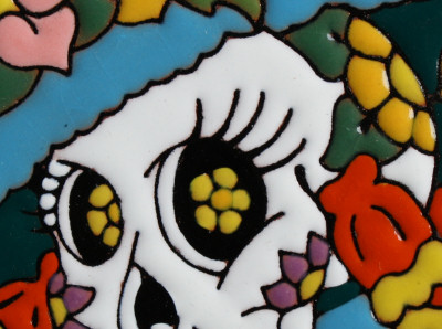 La Catrina Flowery Death. Day-Of-The-Dead Clay Tile Close-Up