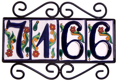 Wrought Iron House Number Frame Colonial 4-Tiles Close-Up