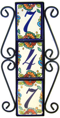 Wrought Iron Vertical House Number Frame Hacienda 3-Tiles Close-Up