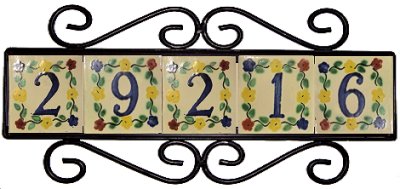 Wrought Iron House Number Frame Bouquet-Blue 5-Tiles Close-Up