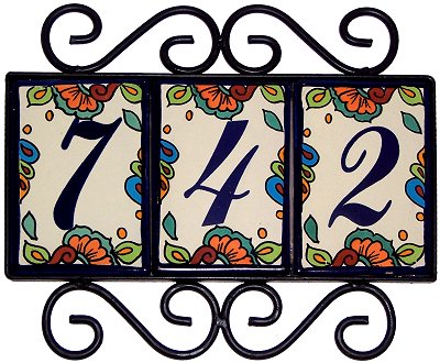 Wrought Iron House Number Frame Hacienda 3-Tiles Close-Up