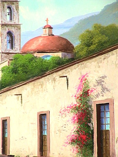 Road to the Church. Mexican Contemporary Oil Painting Close-Up