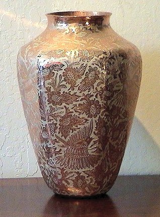 Folk Art Hexagonal Inlay Silver & Copper Vase