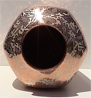 Folk Art Hexagonal Inlay Silver & Copper Vase Close-Up