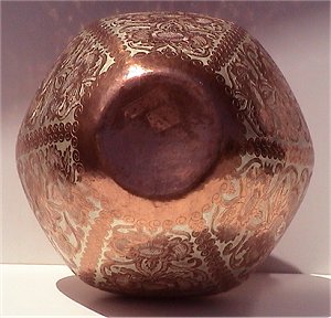 Folk Art Hexagonal Inlay Silver & Copper Vase Close-Up