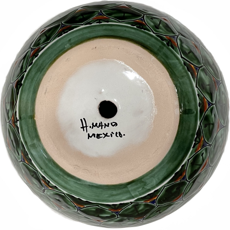 TalaMex Medium-Sized Green Peacock Mexican Colors Talavera Ceramic Garden Pot Details