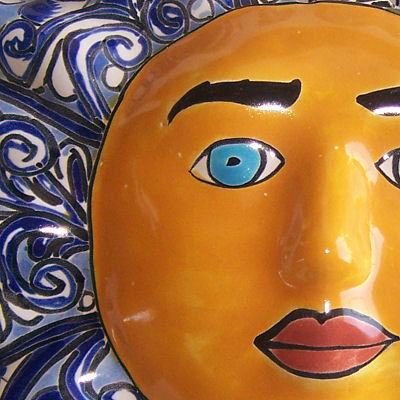 Medium-Sized Blue Mexican Talavera Ceramic Sun Face Close-Up