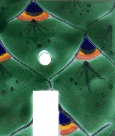 TalaMex Green Peacock Triple Toggle Mexican Talavera Ceramic Switch Plate Close-Up