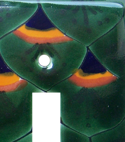 TalaMex Green Peacock Quadruple Toggle Mexican Talavera Ceramic Switch Plate Close-Up