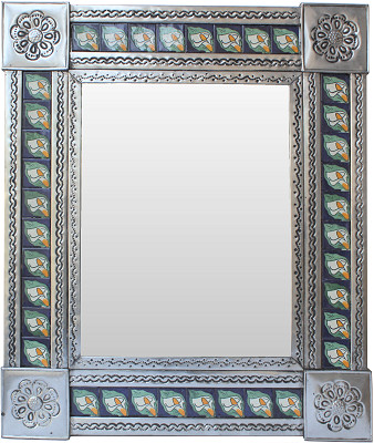 TalaMex Medium Silver Lily Mexican Talavera Tile Mirror