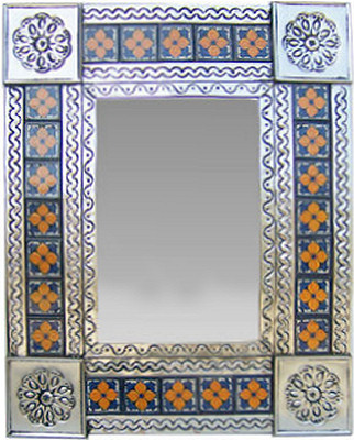 TalaMex Small Silver Marigold Tile Talavera Tin Mirror