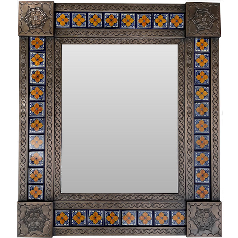 TalaMex Medium Brown Marigold Tile Talavera Tin Mirror