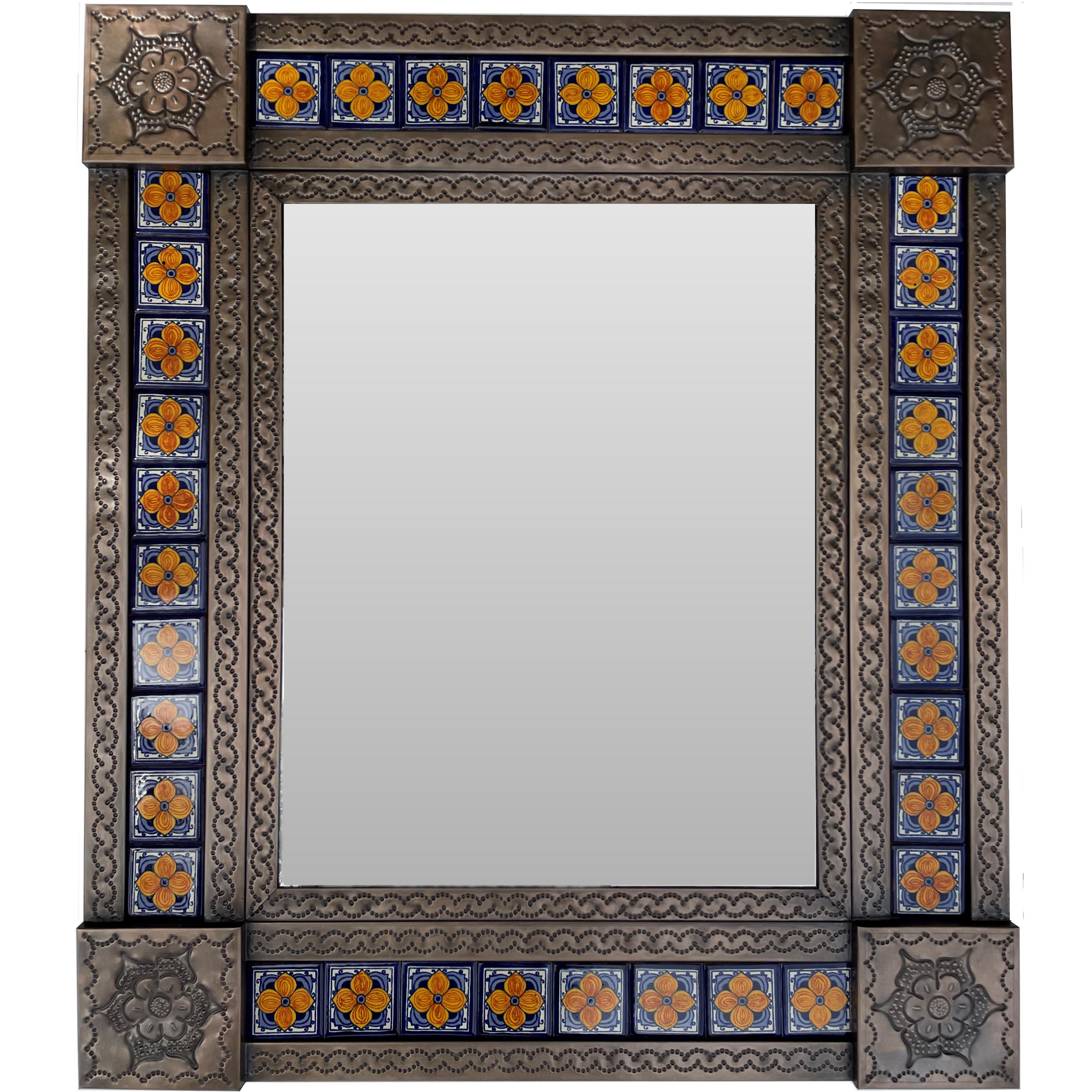 TalaMex Medium Brown Marigold Tile Talavera Tin Mirror