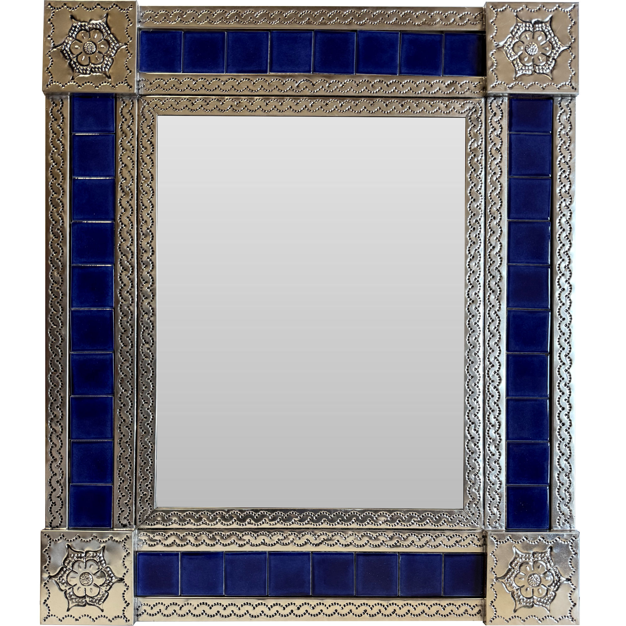 Medium Silver Blue Tile Talavera Tin Mirror