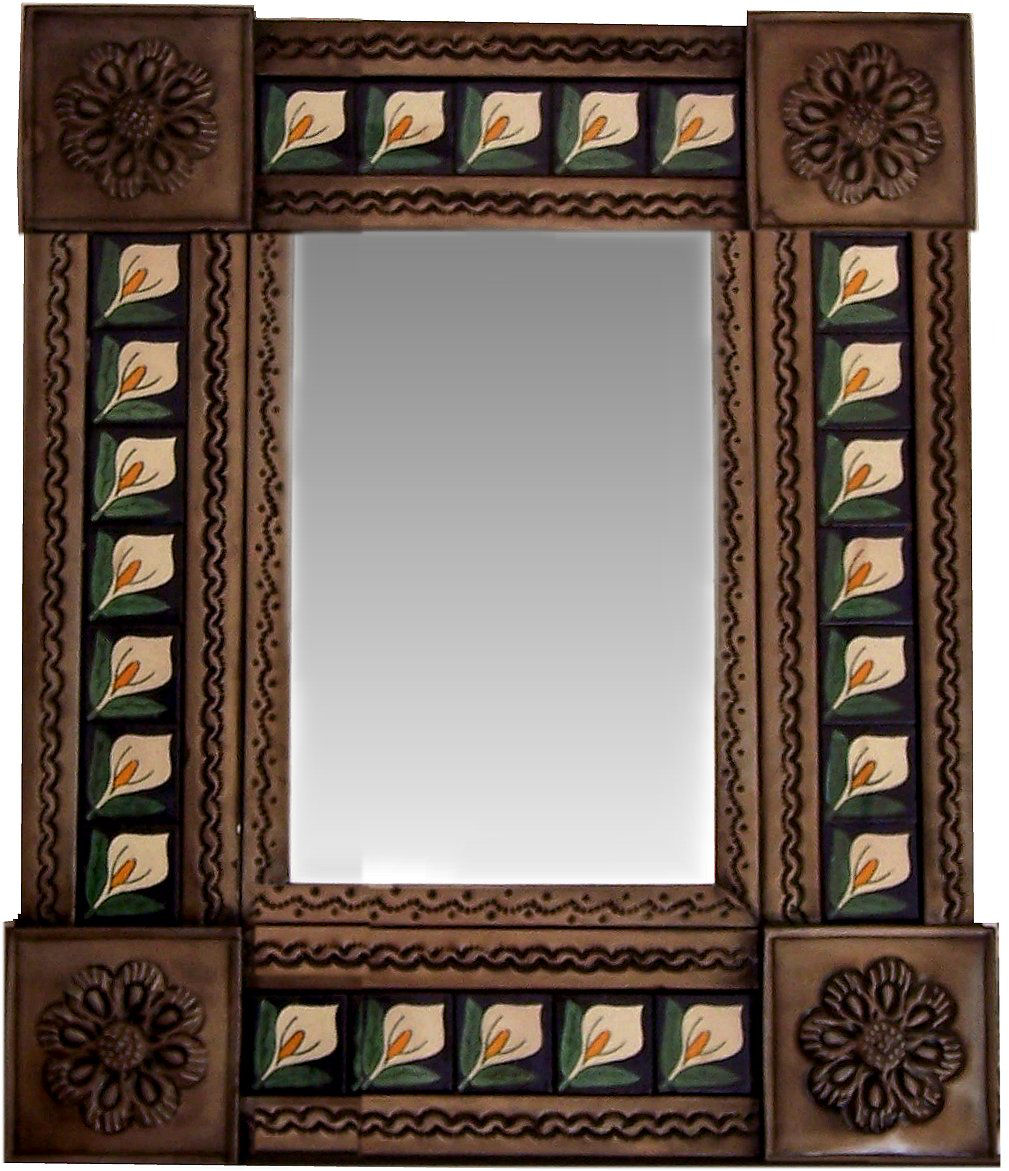 TalaMex Small Brown Lily Tile Talavera Tin Mirror