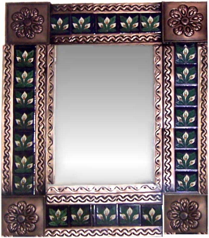 TalaMex Small Brown Three-lily Tile Talavera Tin Mirror