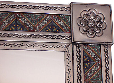 TalaMex Medium Silver Morelia Tile Talavera Tin Mirror Details